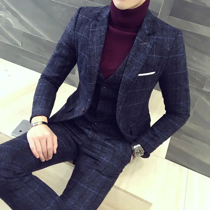 3-Piece Checkered Slim Suit