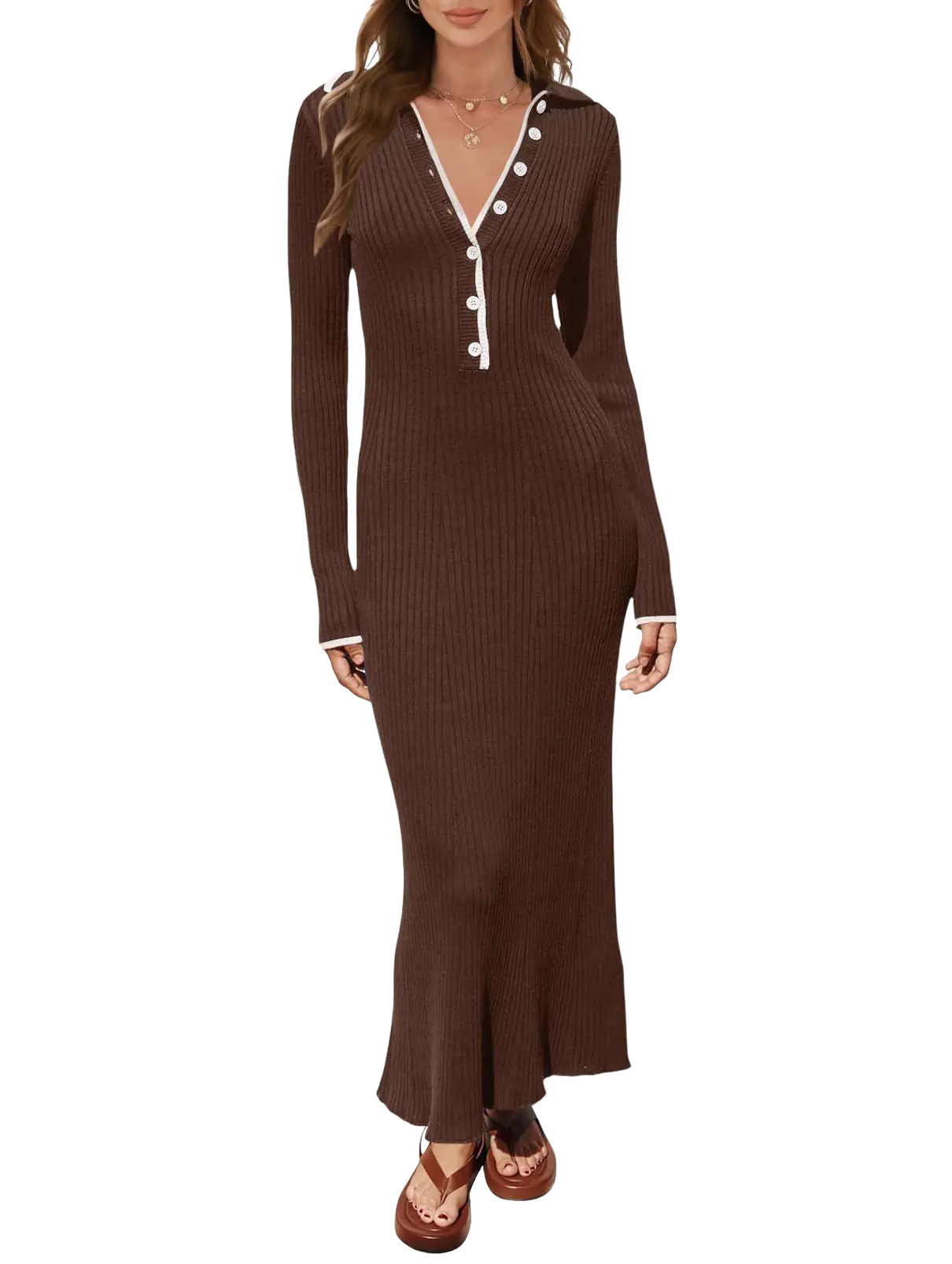 Women's Polo Collar Knitted Long Sleeve Dress