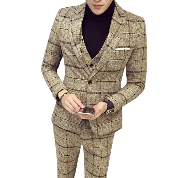 3-Piece Checkered Slim Suit