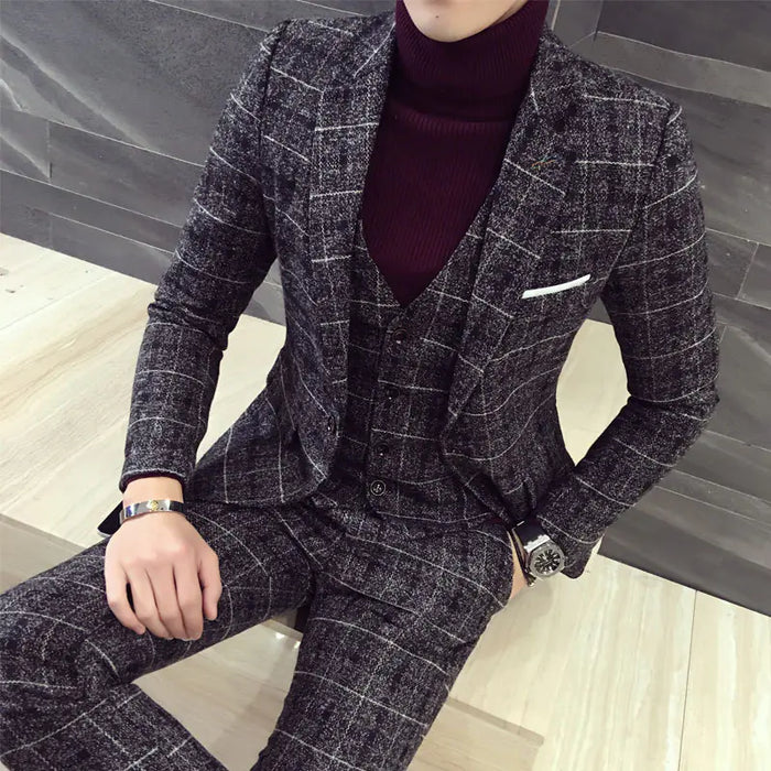 3-Piece Checkered Slim Suit