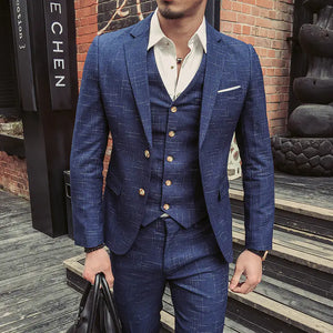 Men's Slim Fit Plaid Three-Piece Suit